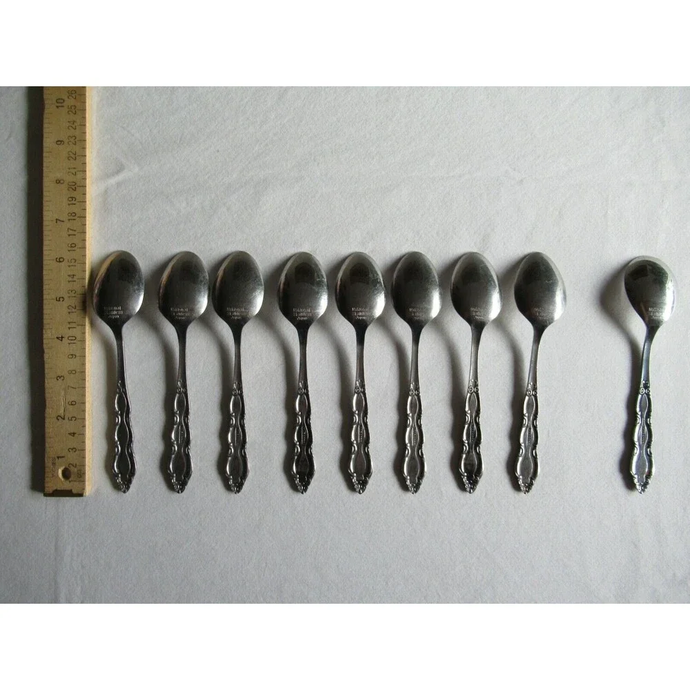 Lot of 9 National Stainless Marquee 8 Teaspoon +1 Sugar Spoon Japan Vintage 6.2